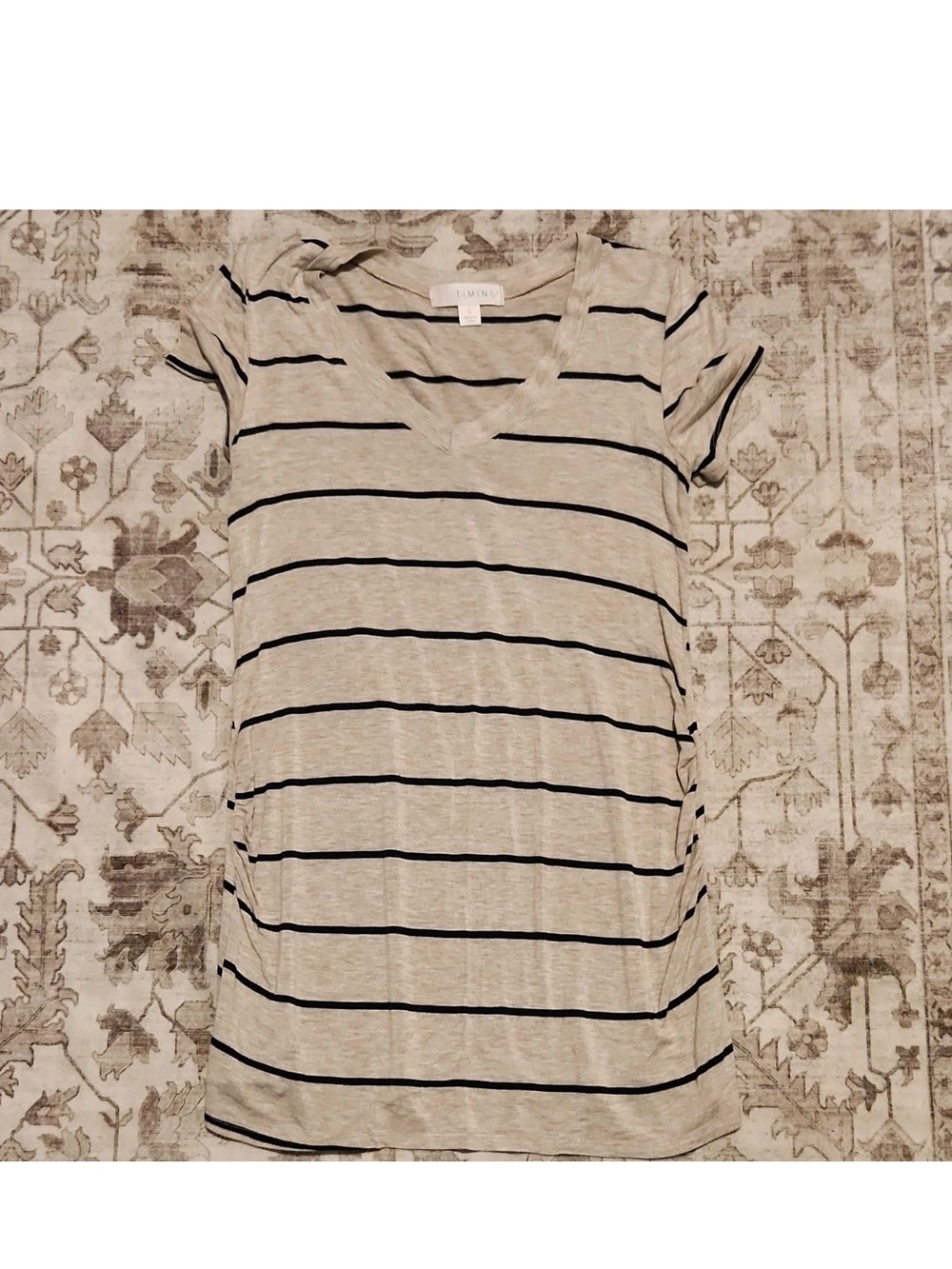 Timing Beige Striped V-Neck Short Sleeve Tee
